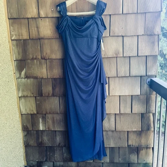 Alex Evening Sz12 Cold Shoulder Glitter Mesh Blue Dress Draped Skirt Cowl Neck - Picture 7 of 16